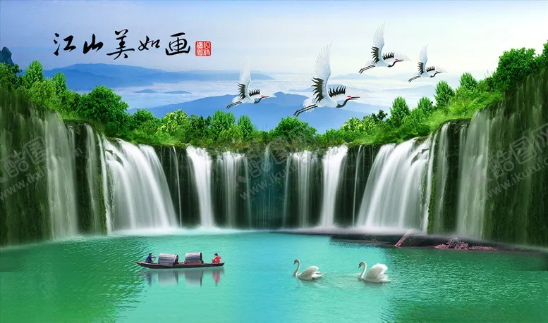 编号：16740404071242201785【酷图网】源文件下载-山水画瀑布鹤背景墙