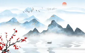 中国风水墨山水画禅意背景墙新式云雾
