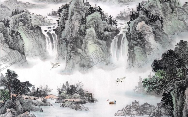 编号：86878410172209461833【酷图网】源文件下载-中式青绿瀑布山水国画电视背景墙