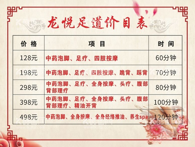 编号：72931212121533531943【酷图网】源文件下载-龙悦足道价目表