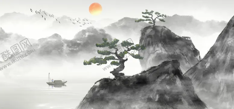 编号：43918704070754351023【酷图网】源文件下载-山水传统复古插画背景海报素材