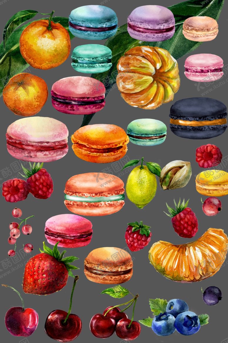 编号：12990709282155153187【酷图网】源文件下载-水彩马卡龙水果