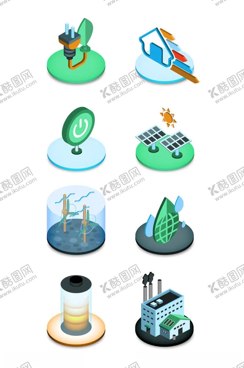 编号：62354102270907354045【酷图网】源文件下载-绿色能源节能环保等距图标插画