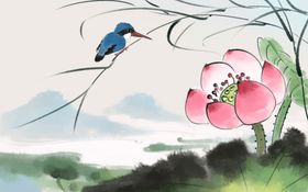 荷叶水墨壁画墙贴装饰素材