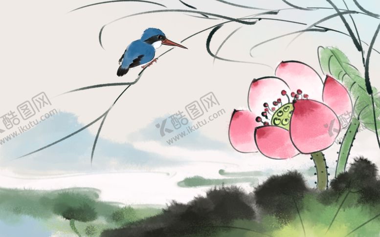 编号：29595310301430518593【酷图网】源文件下载-荷叶水墨壁画墙贴装饰素材