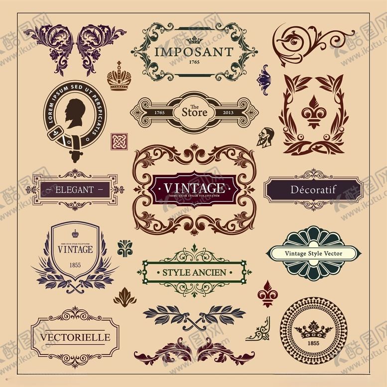 编号：63237312182041278427【酷图网】源文件下载-复古装饰性花纹标签集合