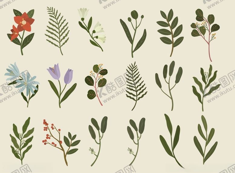 编号：14688009261754436693【酷图网】源文件下载-手绘植物枝叶图案集合