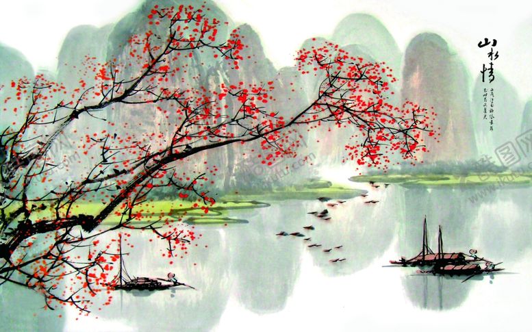 编号：24493309290821455169【酷图网】源文件下载-水墨山水小船背景墙