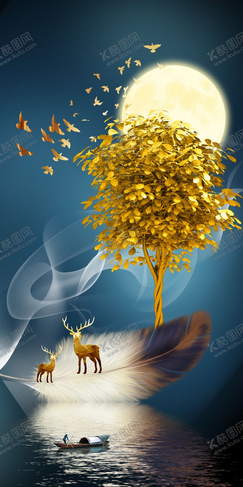 编号：78945707031053266309【酷图网】源文件下载-新中式发财树麋鹿玄关