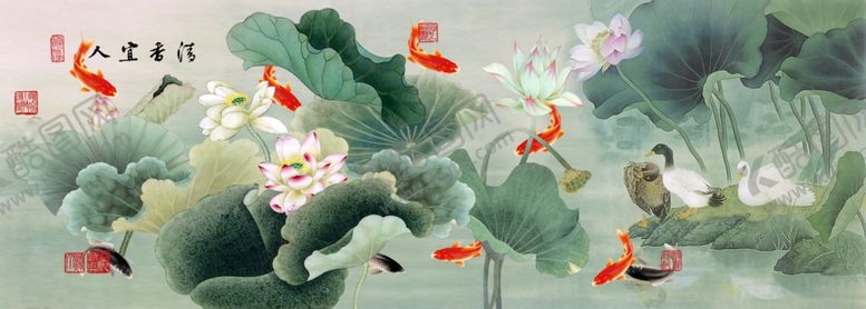 编号：77306410211514236063【酷图网】源文件下载-清香宜人荷花沙发背景墙