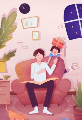 手绘父亲抱女儿坐沙发插画图片
