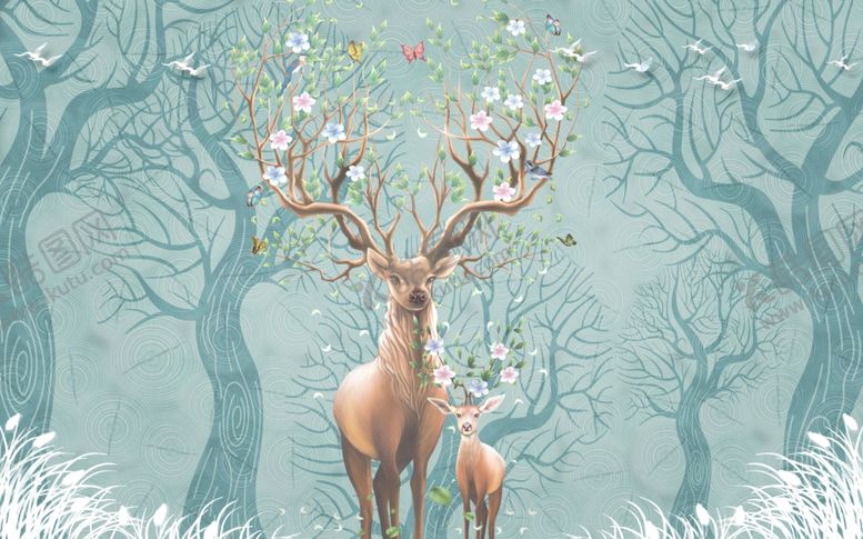 编号：90048709291506057946【酷图网】源文件下载-鹿麋鹿梅花鹿背景墙