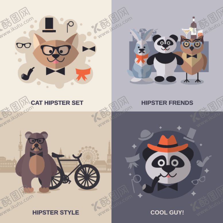 编号：38561711012340557646【酷图网】源文件下载-可爱动物时尚服饰插画