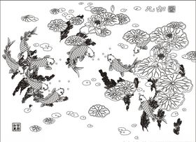 九如图荷花九鱼矢量图