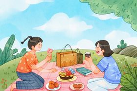女生节两个女生户外庆祝插画