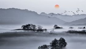 水墨山水大雁太阳背景墙