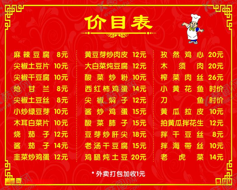 编号：63139812110024318234【酷图网】源文件下载-饭店价目表