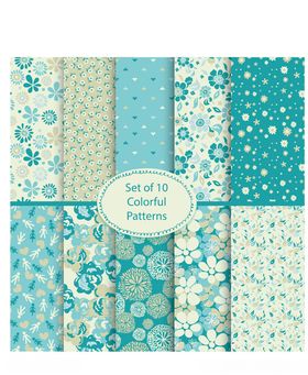 蓝绿色调几何花卉图案集合