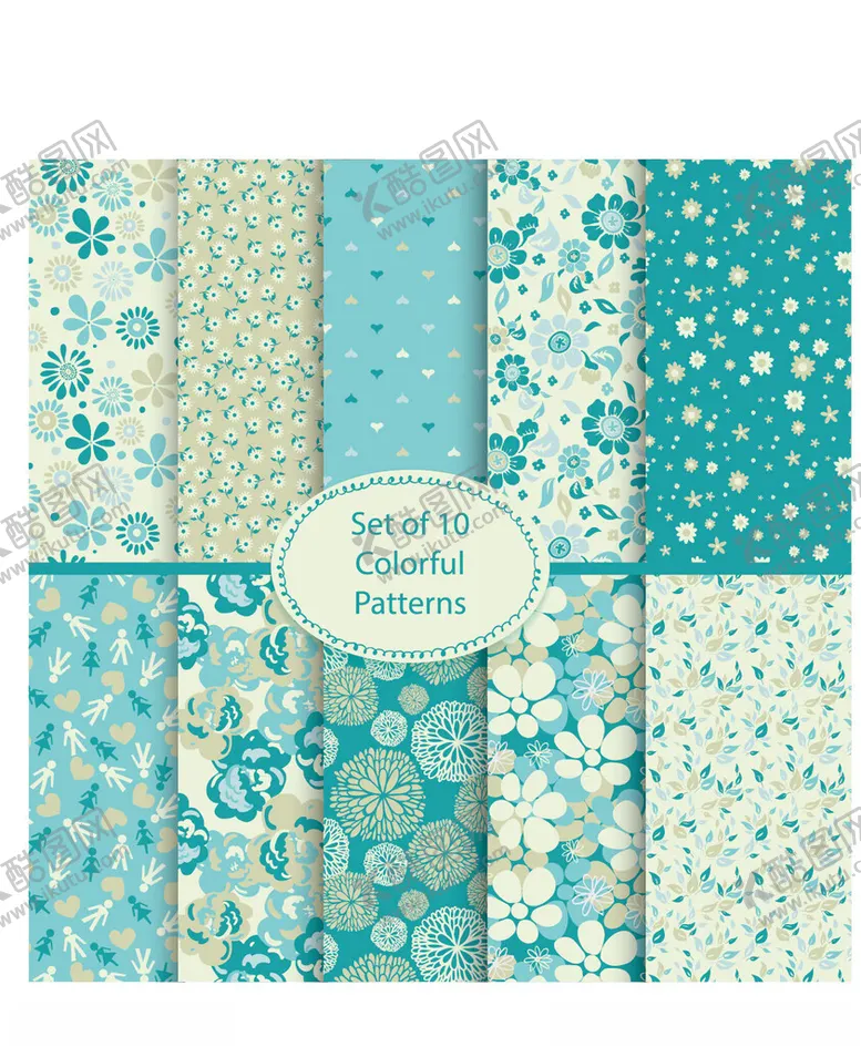 编号：54803611021707419106【酷图网】源文件下载-蓝绿色调花卉图案纸材集合