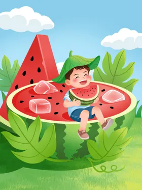 小孩躺西瓜中享受夏日时光