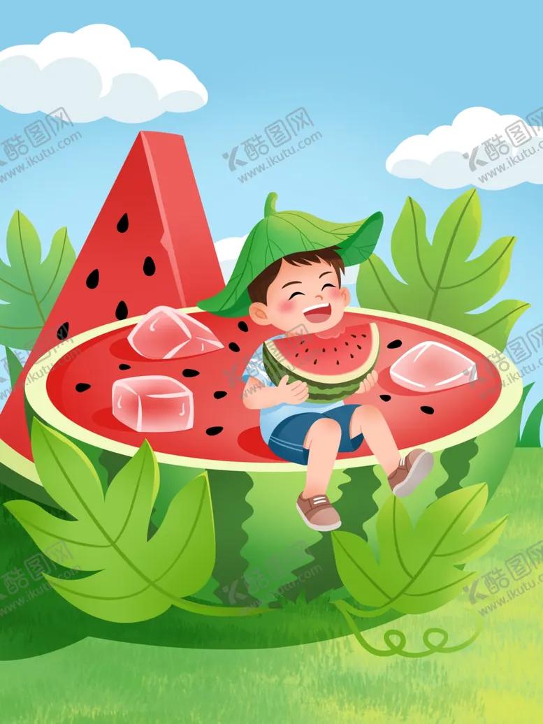 编号：29761004010913395052【酷图网】源文件下载-小孩躺西瓜中享受夏日时光