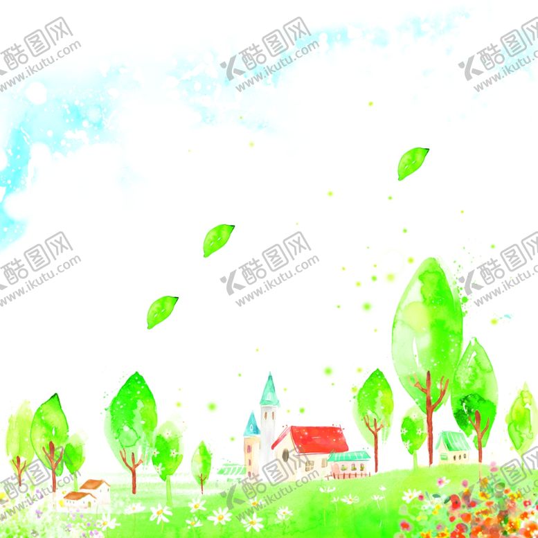 编号：66223912110343284394【酷图网】源文件下载-草地水彩树房子挂画装饰画