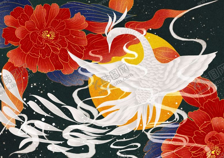 编号：85121009221846465410【酷图网】源文件下载-仙鹤凤凰古风传统插画背景素材