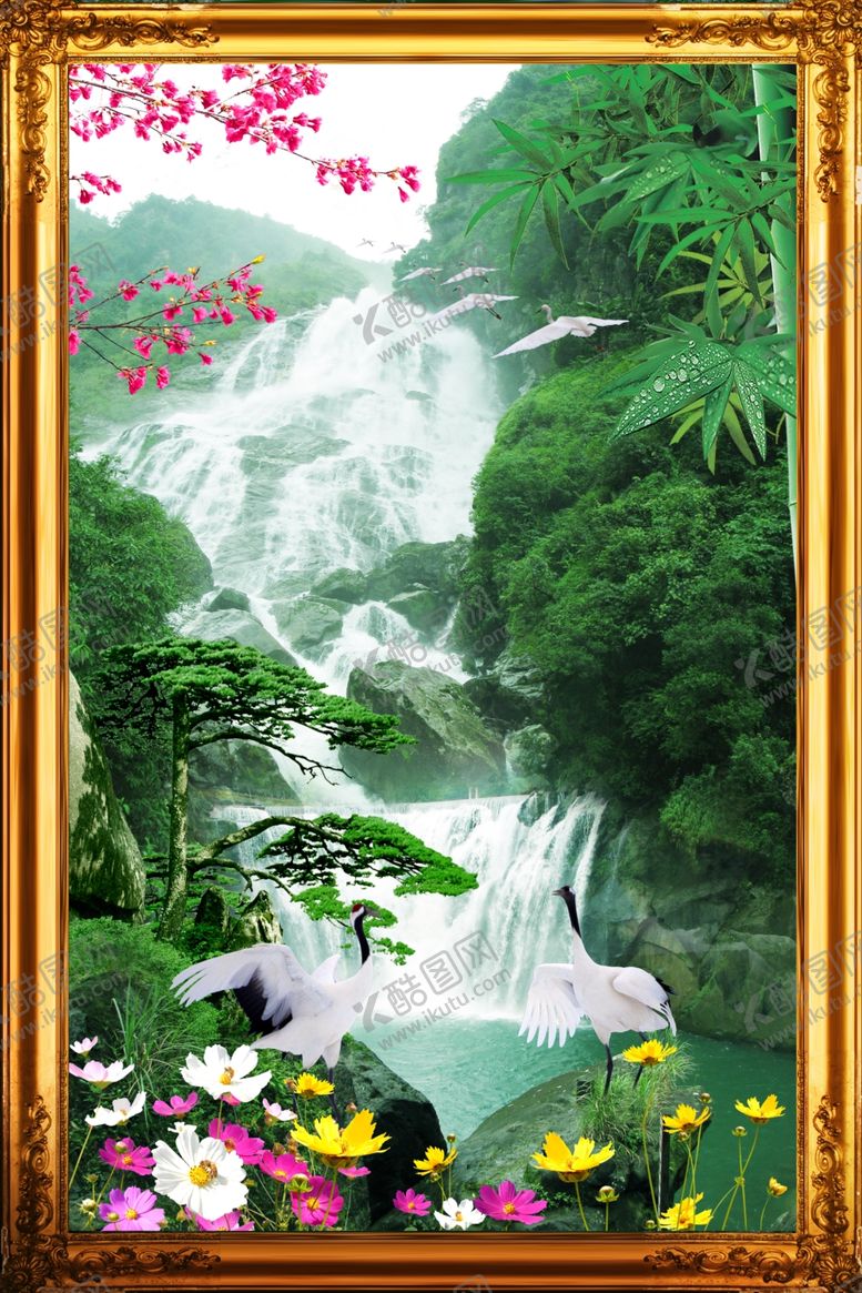 编号：25666310141532007795【酷图网】源文件下载-流水生财吉祥鹤风景画