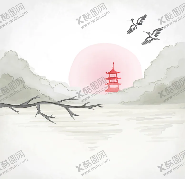 日式插画本风景简约塔