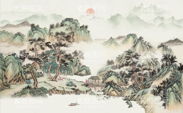 编号：18649209241910426247【酷图网】源文件下载-中式水墨仿古山水国画电视背景墙