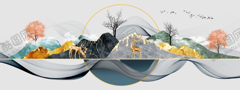 编号：81662809231910013800【酷图网】源文件下载-新中式线条飘带大理石纹装饰画