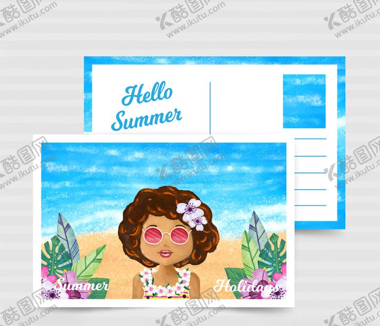 编号：64369610061405579986【酷图网】源文件下载-创意海边度假女子明信片