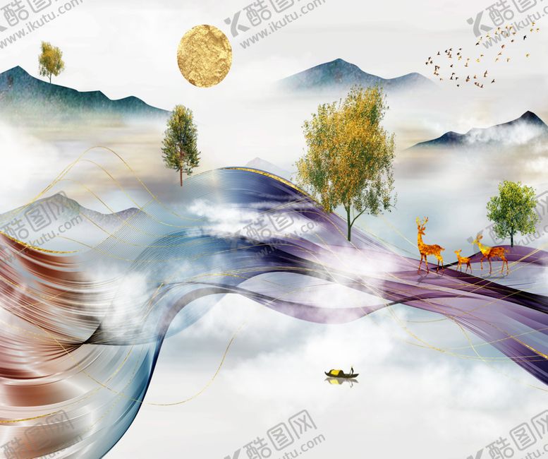 编号：28903709290321217925【酷图网】源文件下载-金色麋鹿意境山水装饰画