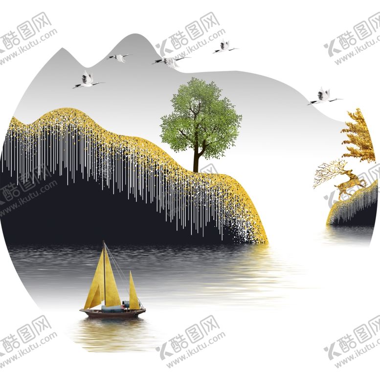 编号：38197601170440215636【酷图网】源文件下载-湖泊帆船圆形挂画装饰画