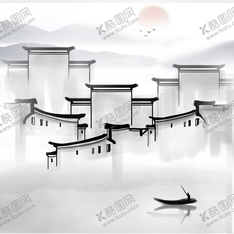 编号：34087209200142036841【酷图网】源文件下载-手绘水墨徽派建筑渐变素材