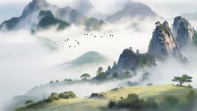 水墨山水间的日出美景山水画