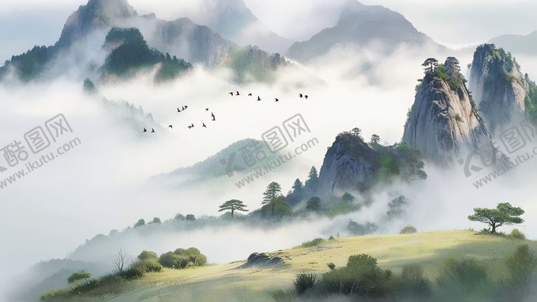 编号：25420706291545372755【酷图网】源文件下载-水墨山水间的日出飞鸟景