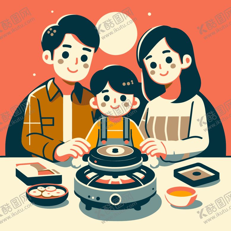 编号：33925212081242167827【酷图网】源文件下载-一家三口吃火锅扁平插画
