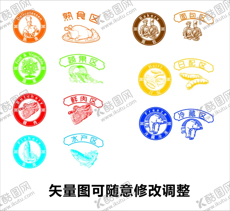 编号：49362312060423059901【酷图网】源文件下载-超市分类矢量图标 熟食 水产 