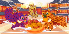 国潮新年舞狮插画