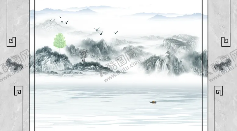 编号：79004706232025355488【酷图网】源文件下载-水墨山水圆造型树大雁晨雾背景墙