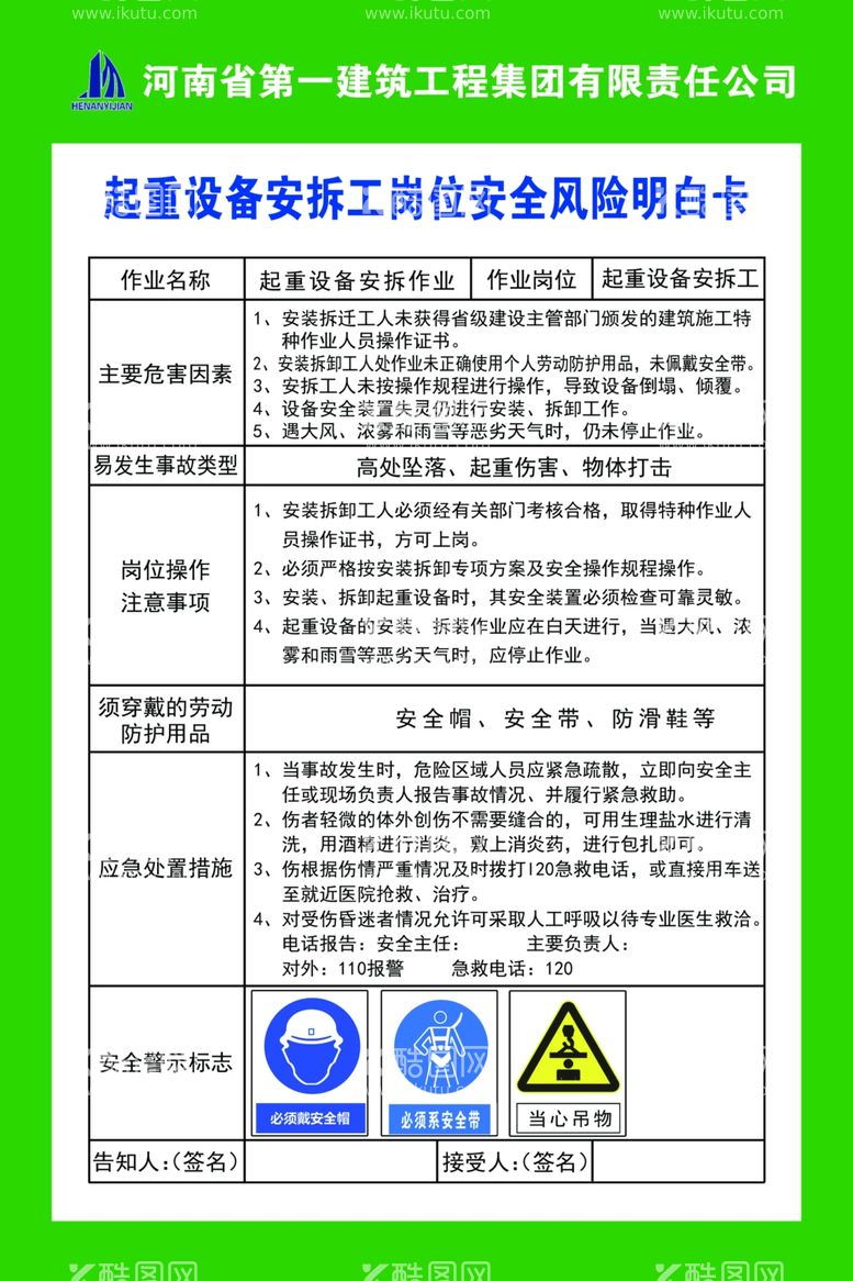 编号：15399512022357511904【酷图网】源文件下载-起重设备安拆工岗位安全风险明白