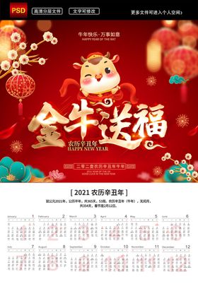 红色喜庆牛年年历海报2021