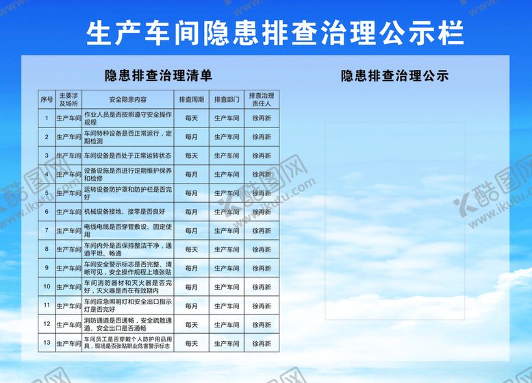 编号：77487509260413094385【酷图网】源文件下载-车间隐患排查公示栏