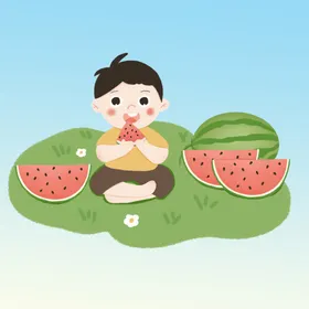 夏季小朋友在沙滩吃西瓜