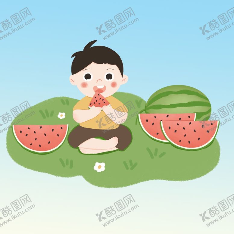 编号：26371109291540343890【酷图网】源文件下载-清新夏天夏季立夏在草地上吃西瓜