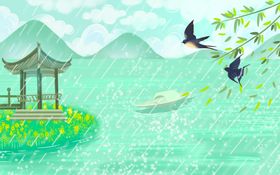 湖畔亭景伴飞鸟