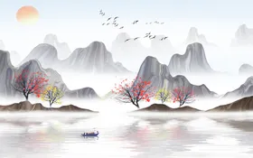 水墨山水海报背景画纸墙画画家