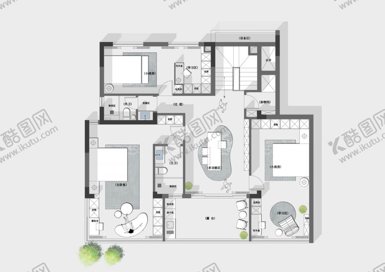 编号：40387104060053235306【酷图网】源文件下载-现代简约三室户型平面图