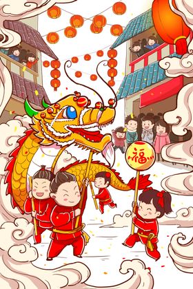 舞狮插画喜庆龙年新春